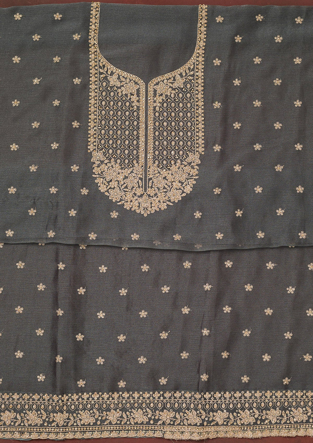 Dark Grey Zariwork (Gold) Chinon Unstitched Salwar Suit-Koskii