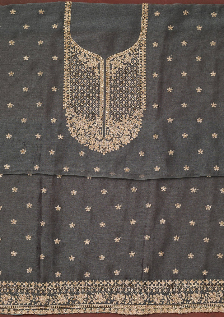 Dark Grey Zariwork (Gold) Chinon Unstitched Salwar Suit-Koskii