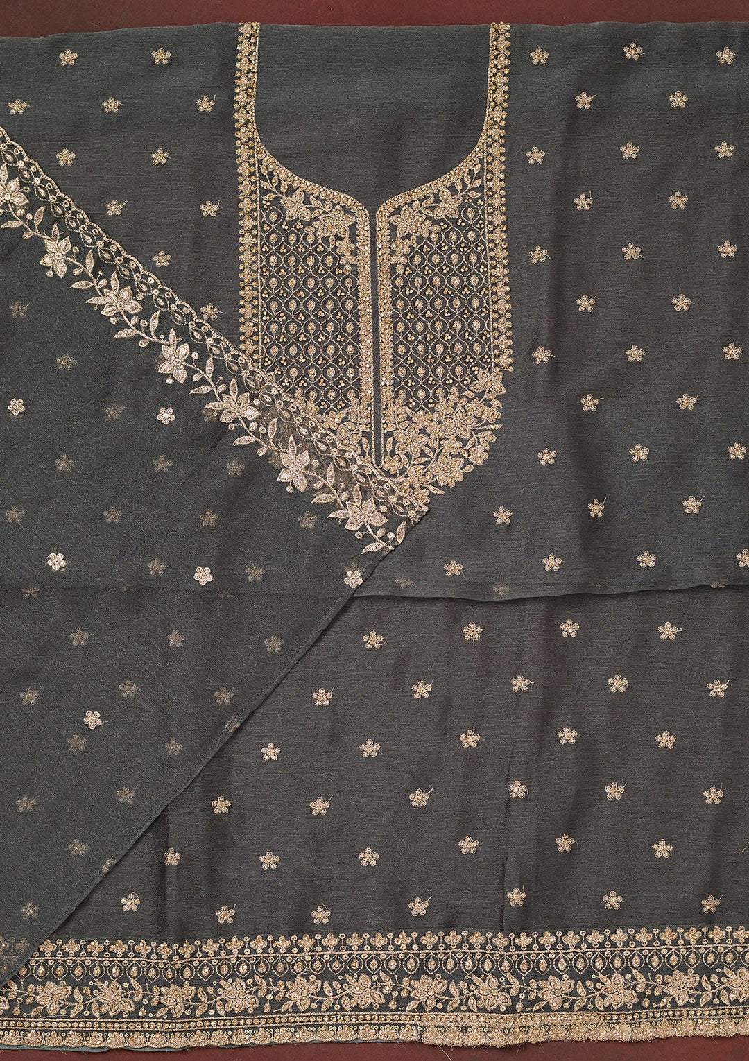 Dark Grey Zariwork (Gold) Chinon Unstitched Salwar Suit-Koskii