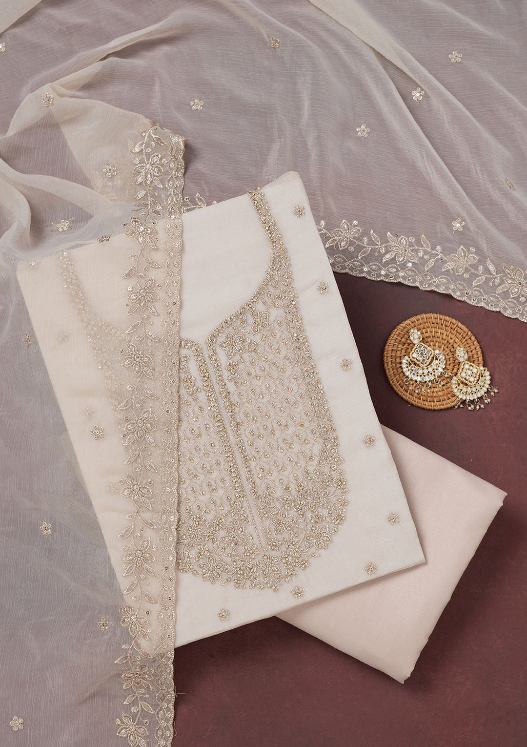 Off White Zariwork (Gold) Chinon Unstitched Salwar Suit-Koskii