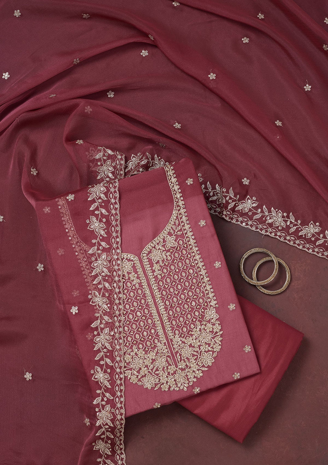 Onion Pink Zariwork (Gold) Chinon Unstitched Salwar Suit-Koskii