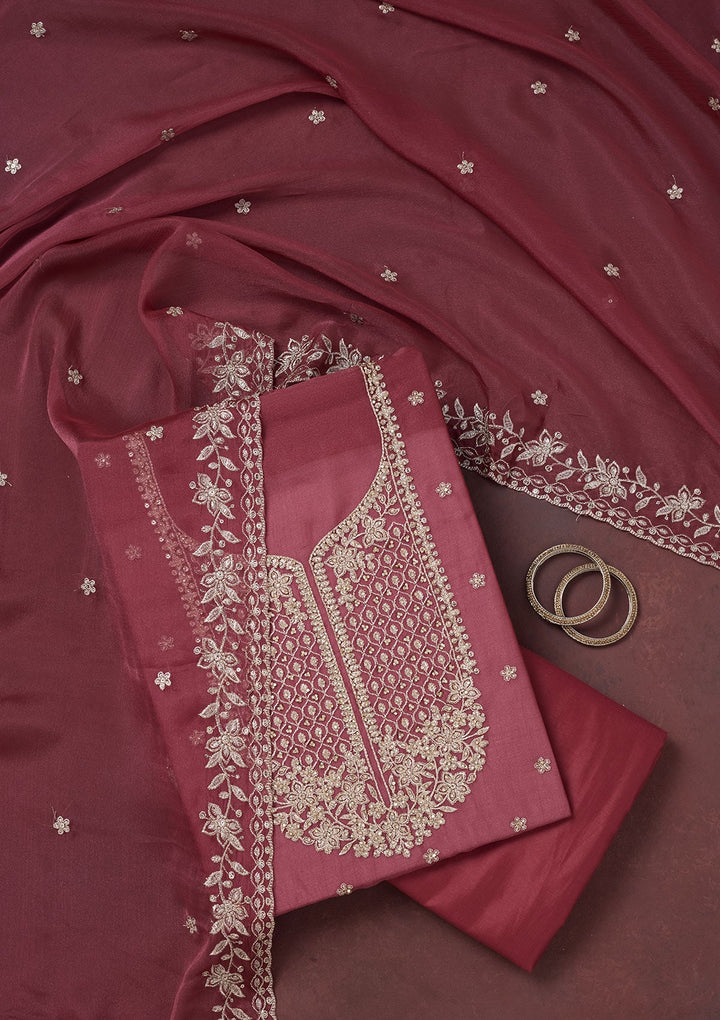 Onion Pink Zariwork (Gold) Chinon Unstitched Salwar Suit-Koskii