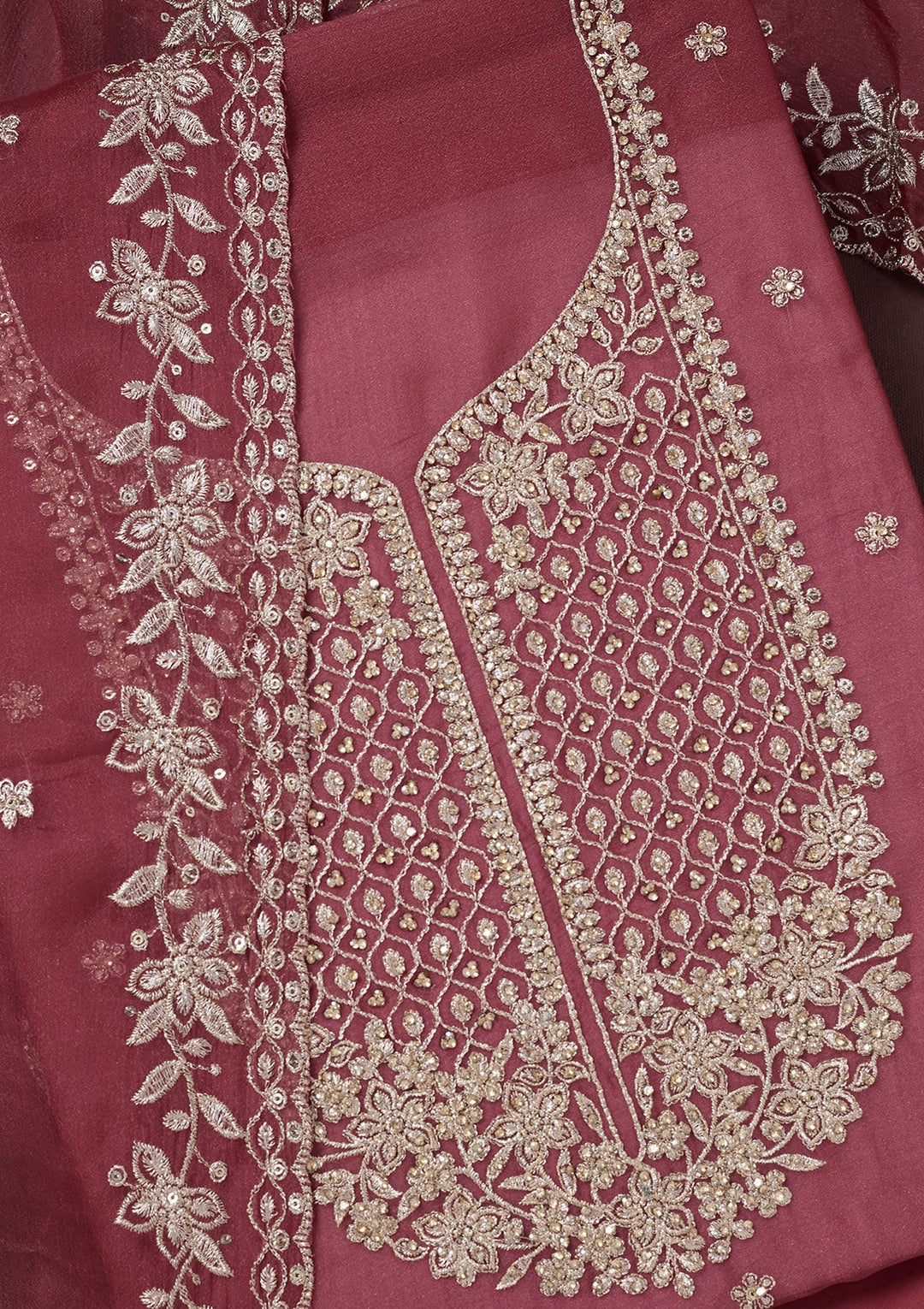 Onion Pink Zariwork (Gold) Chinon Unstitched Salwar Suit-Koskii