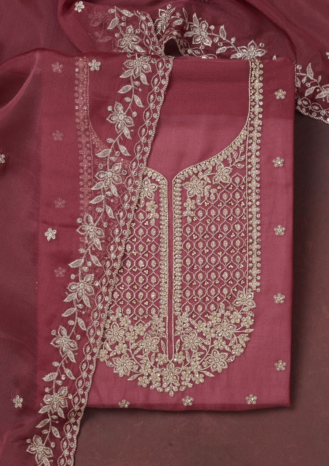 Onion Pink Zariwork (Gold) Chinon Unstitched Salwar Suit-Koskii