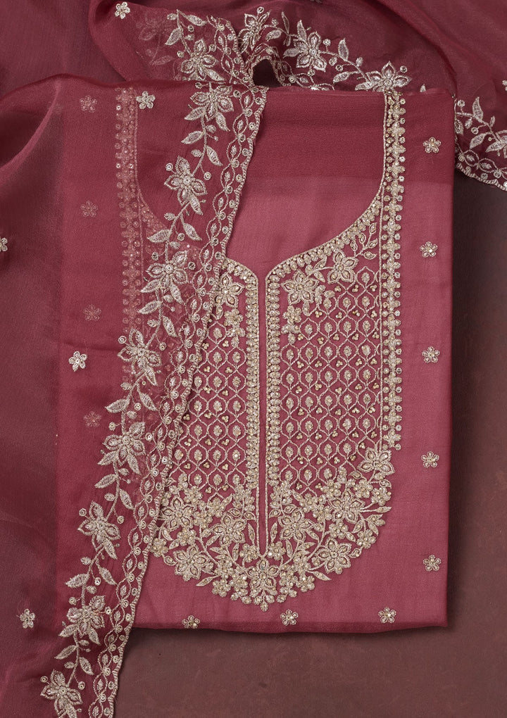 Onion Pink Zariwork (Gold) Chinon Unstitched Salwar Suit-Koskii