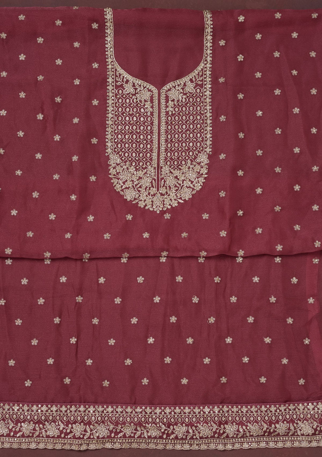 Onion Pink Zariwork (Gold) Chinon Unstitched Salwar Suit-Koskii