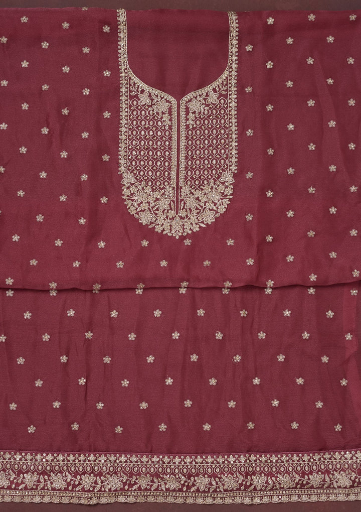 Onion Pink Zariwork (Gold) Chinon Unstitched Salwar Suit-Koskii