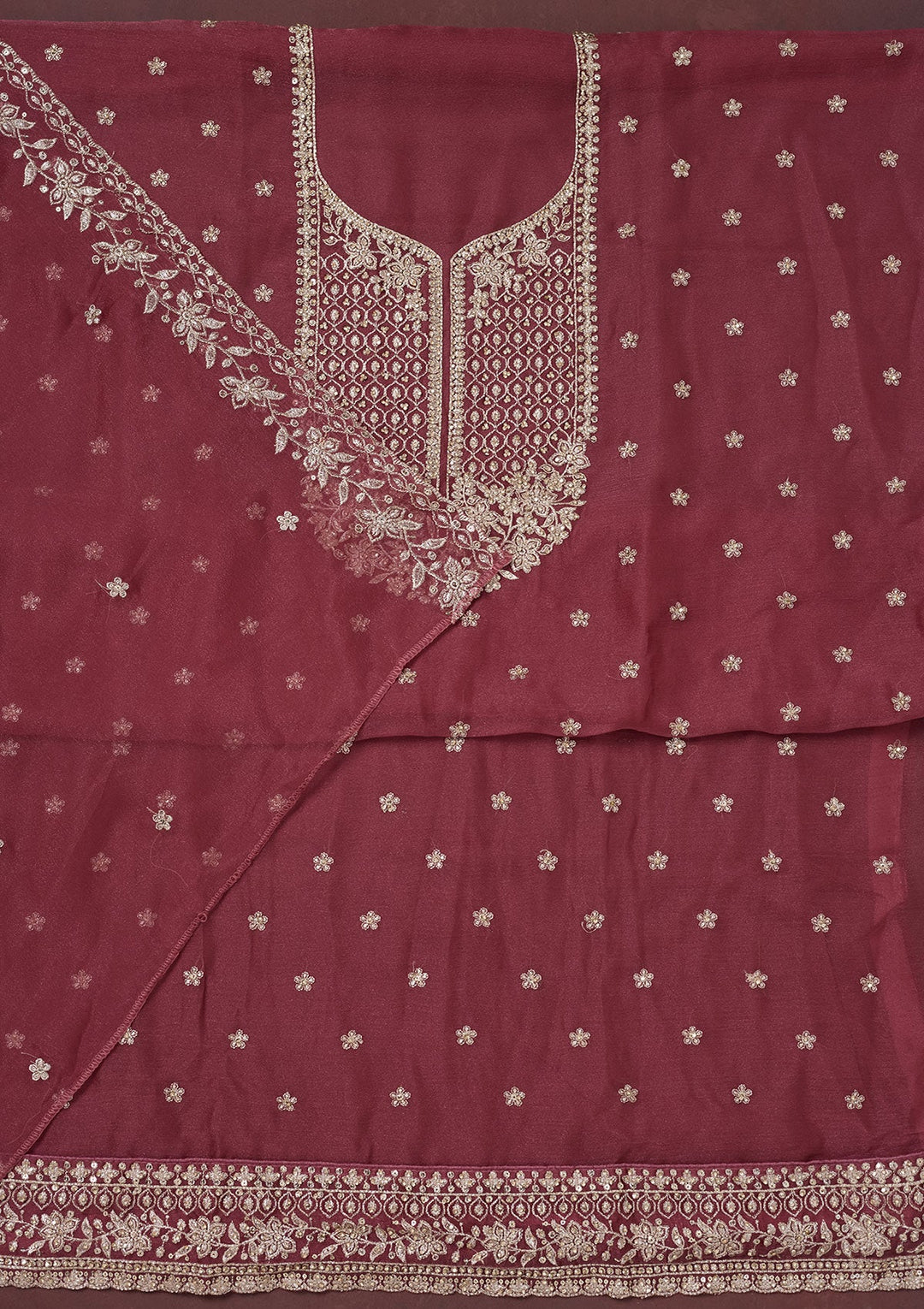 Onion Pink Zariwork (Gold) Chinon Unstitched Salwar Suit-Koskii