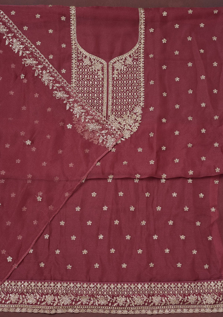 Onion Pink Zariwork (Gold) Chinon Unstitched Salwar Suit-Koskii