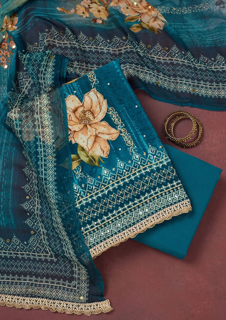 Peacock Blue Cutdana Semi Crepe Unstitched Salwar Suit-Koskii