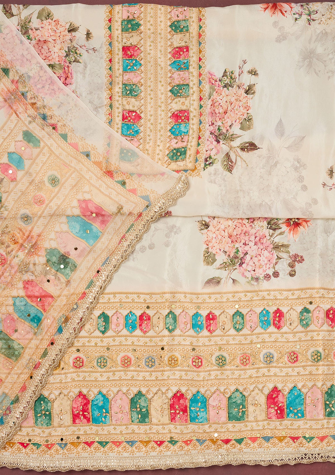 Off White Cutdana Semi Crepe Unstitched Salwar Suit-Koskii
