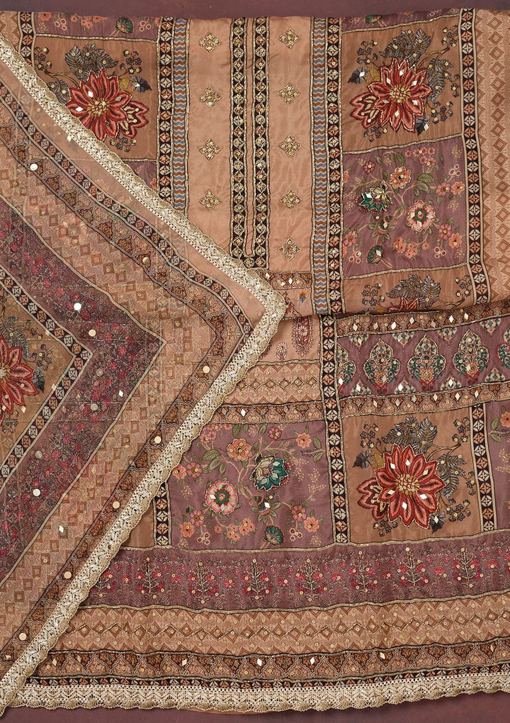 Light Brown Cutdana Semi Crepe Unstitched Salwar Suit-Koskii