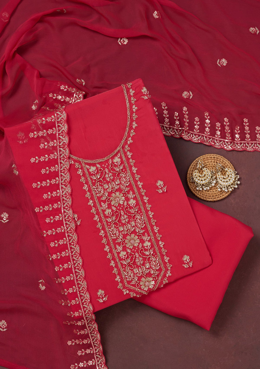 Rani Pink Threadwork Semi Crepe Unstitched Salwar Suit-Koskii