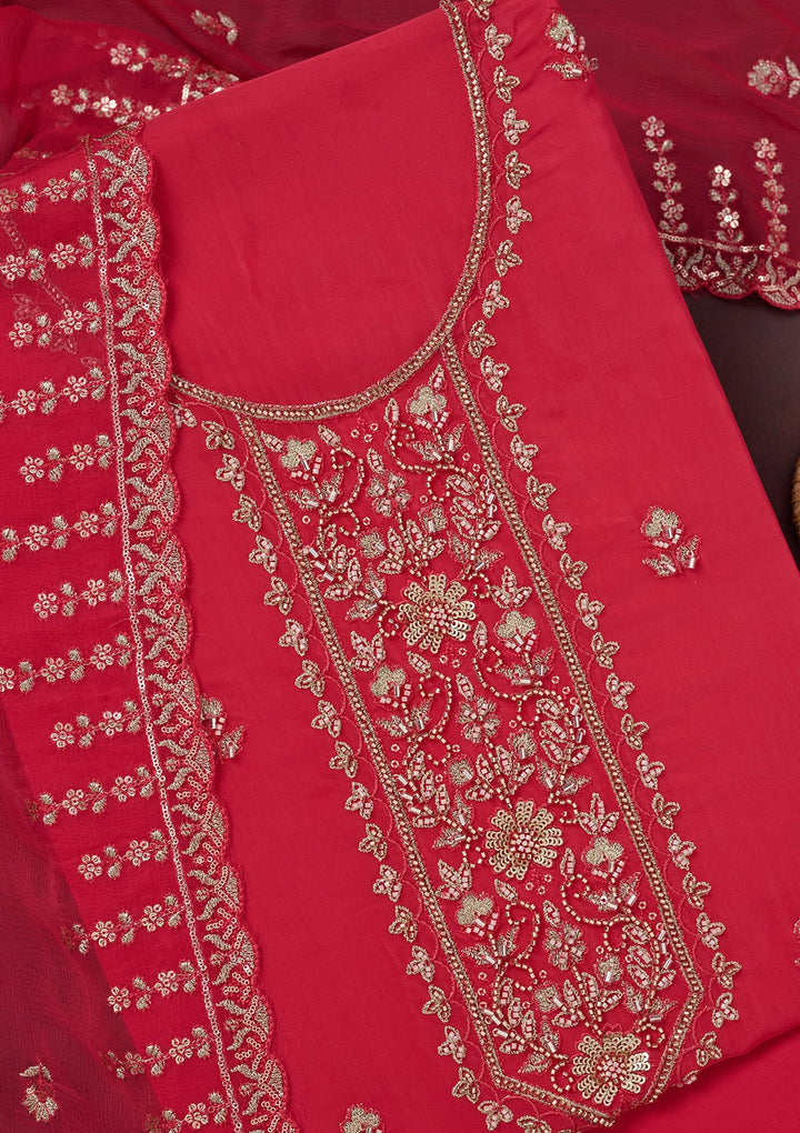 Rani Pink Threadwork Semi Crepe Unstitched Salwar Suit-Koskii