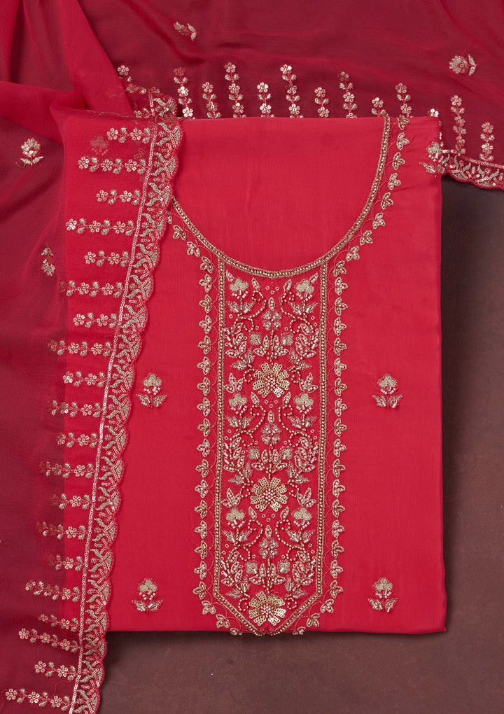 Rani Pink Threadwork Semi Crepe Unstitched Salwar Suit-Koskii