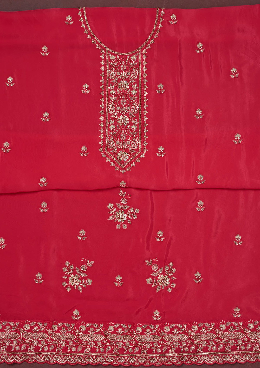 Rani Pink Threadwork Semi Crepe Unstitched Salwar Suit-Koskii