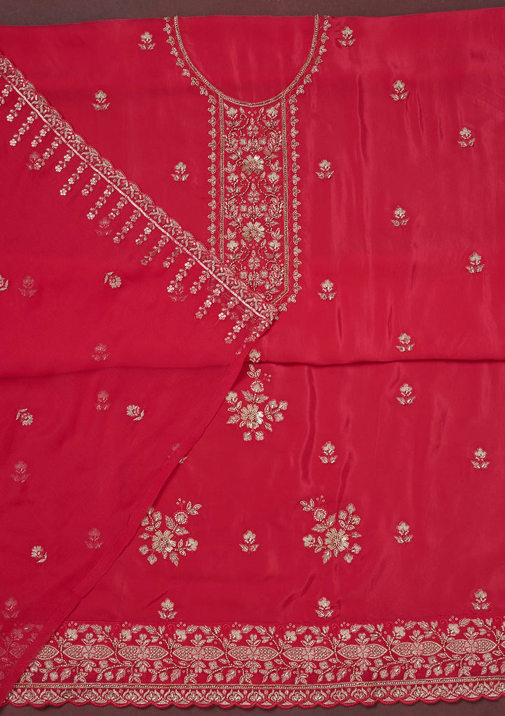 Rani Pink Threadwork Semi Crepe Unstitched Salwar Suit-Koskii