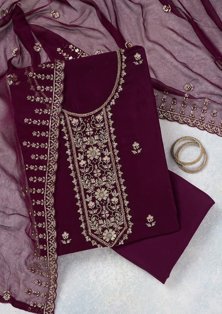 Wine Threadwork Semi Crepe Unstitched Salwar Suit-Koskii