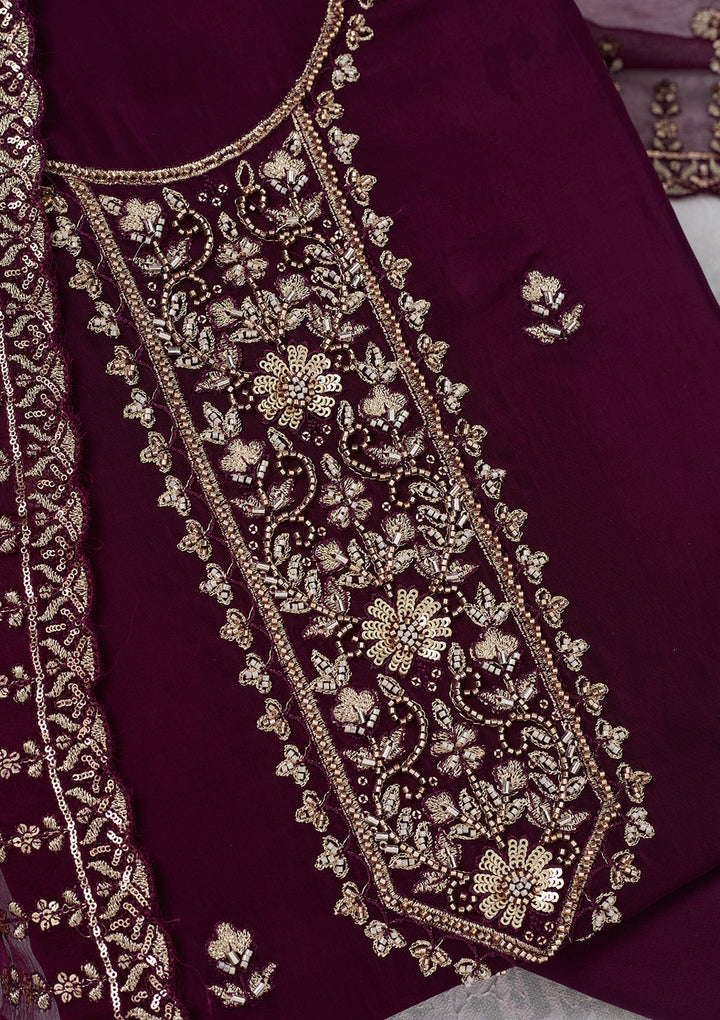 Wine Threadwork Semi Crepe Unstitched Salwar Suit-Koskii