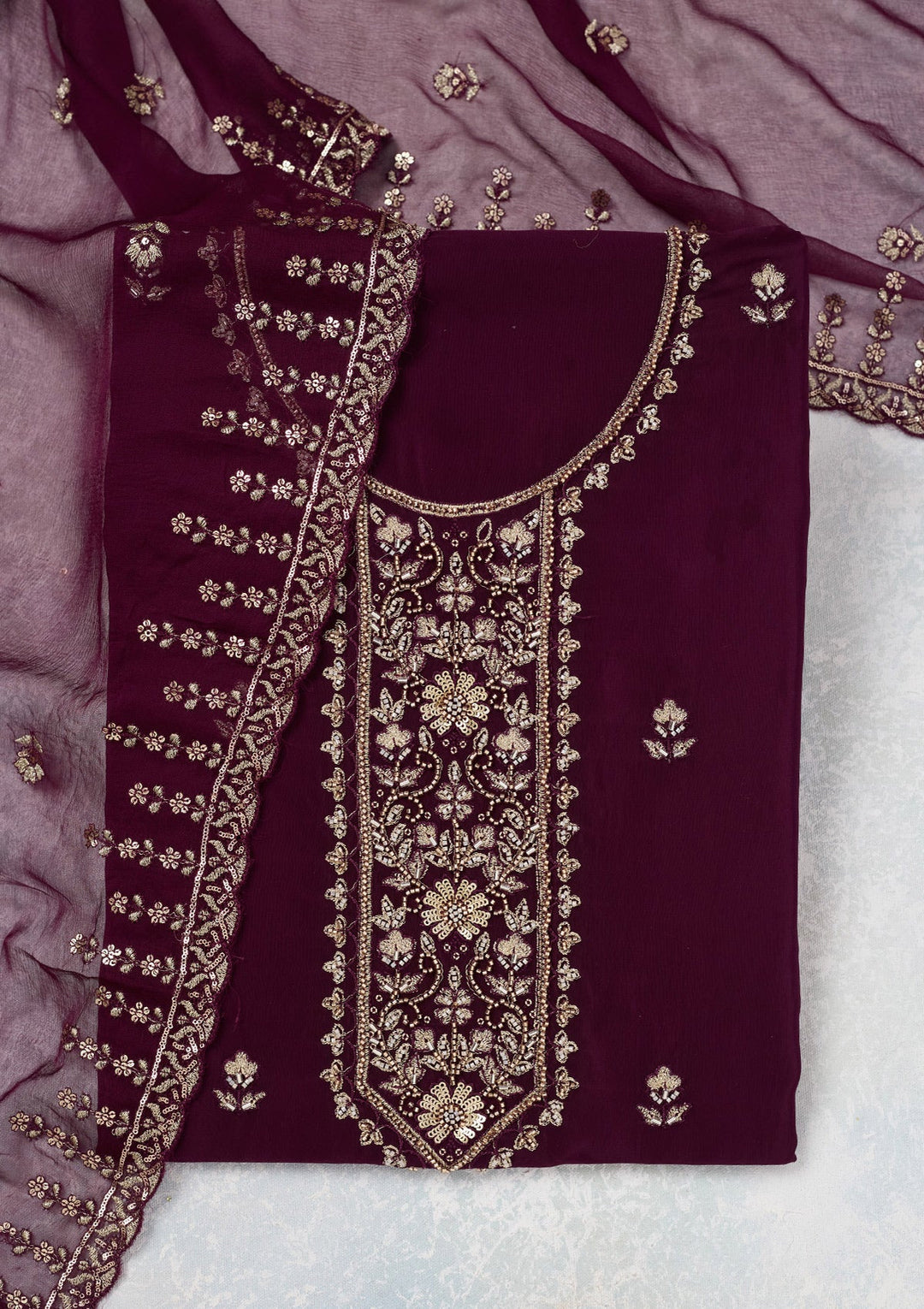 Wine Threadwork Semi Crepe Unstitched Salwar Suit-Koskii