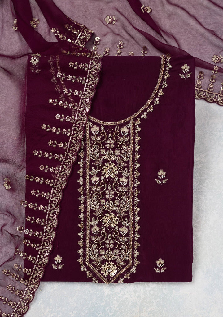 Wine Threadwork Semi Crepe Unstitched Salwar Suit-Koskii
