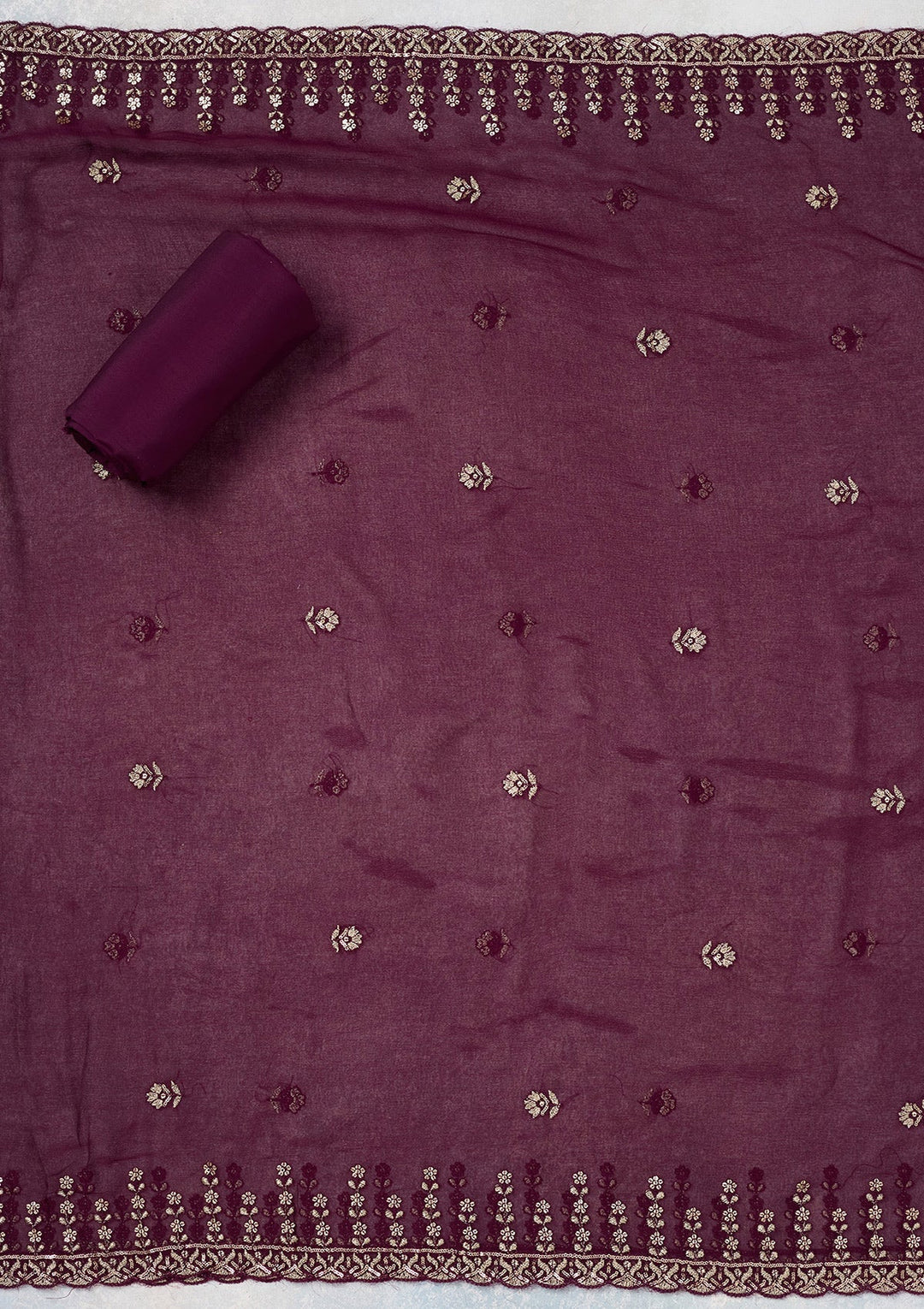 Wine Threadwork Semi Crepe Unstitched Salwar Suit-Koskii