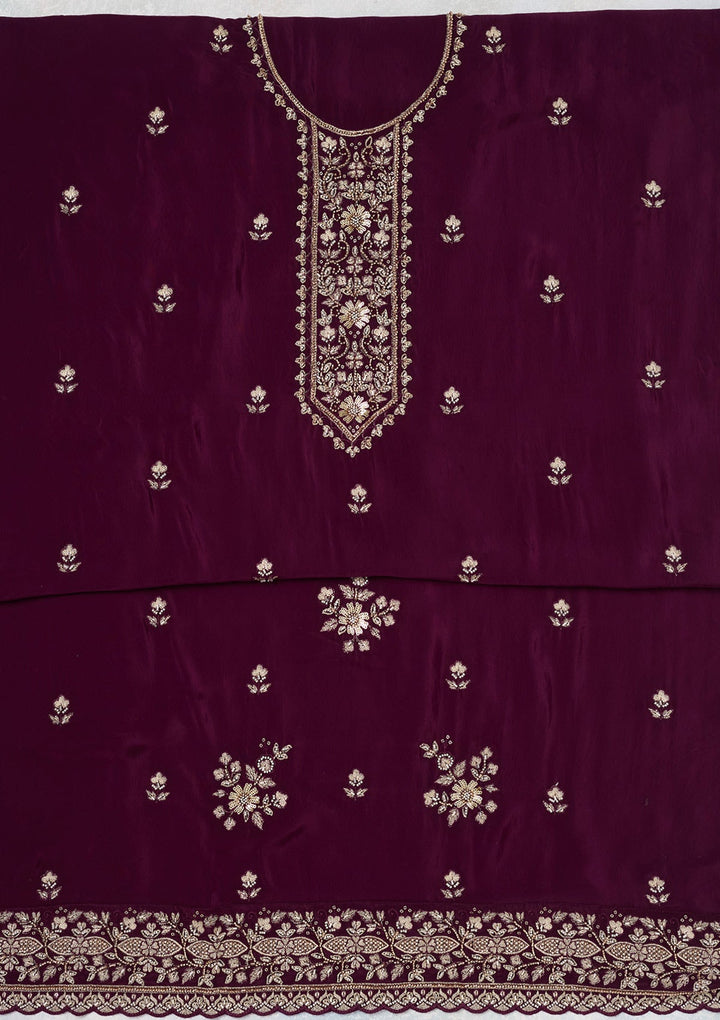 Wine Threadwork Semi Crepe Unstitched Salwar Suit-Koskii