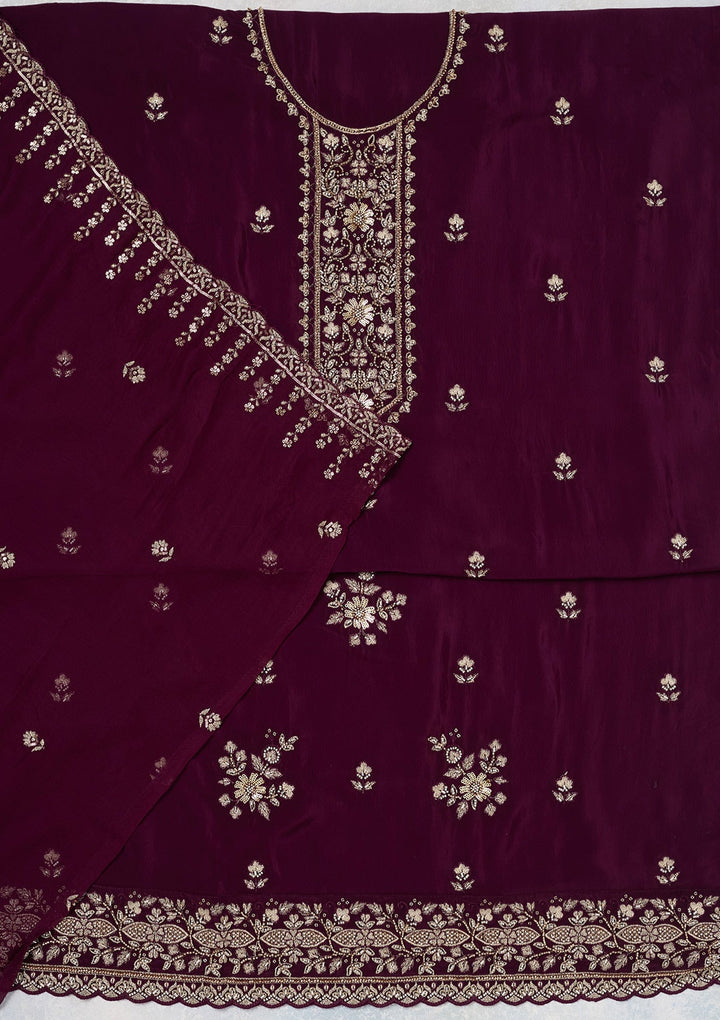 Wine Threadwork Semi Crepe Unstitched Salwar Suit-Koskii