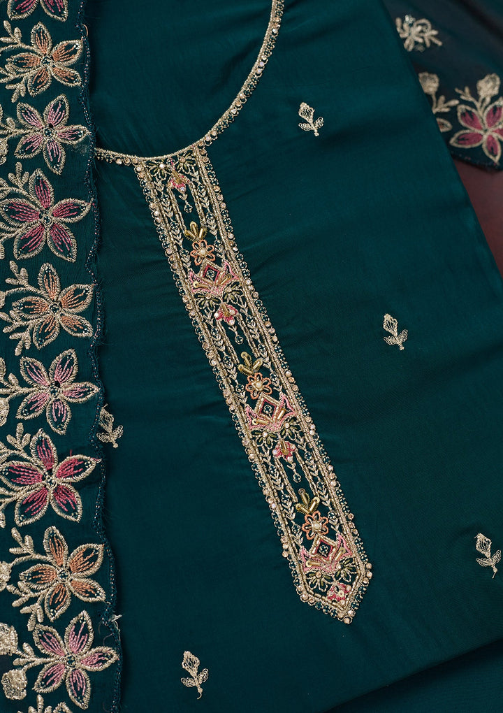 Peacock Blue Threadwork Semi Crepe Unstitched Salwar Suit-Koskii