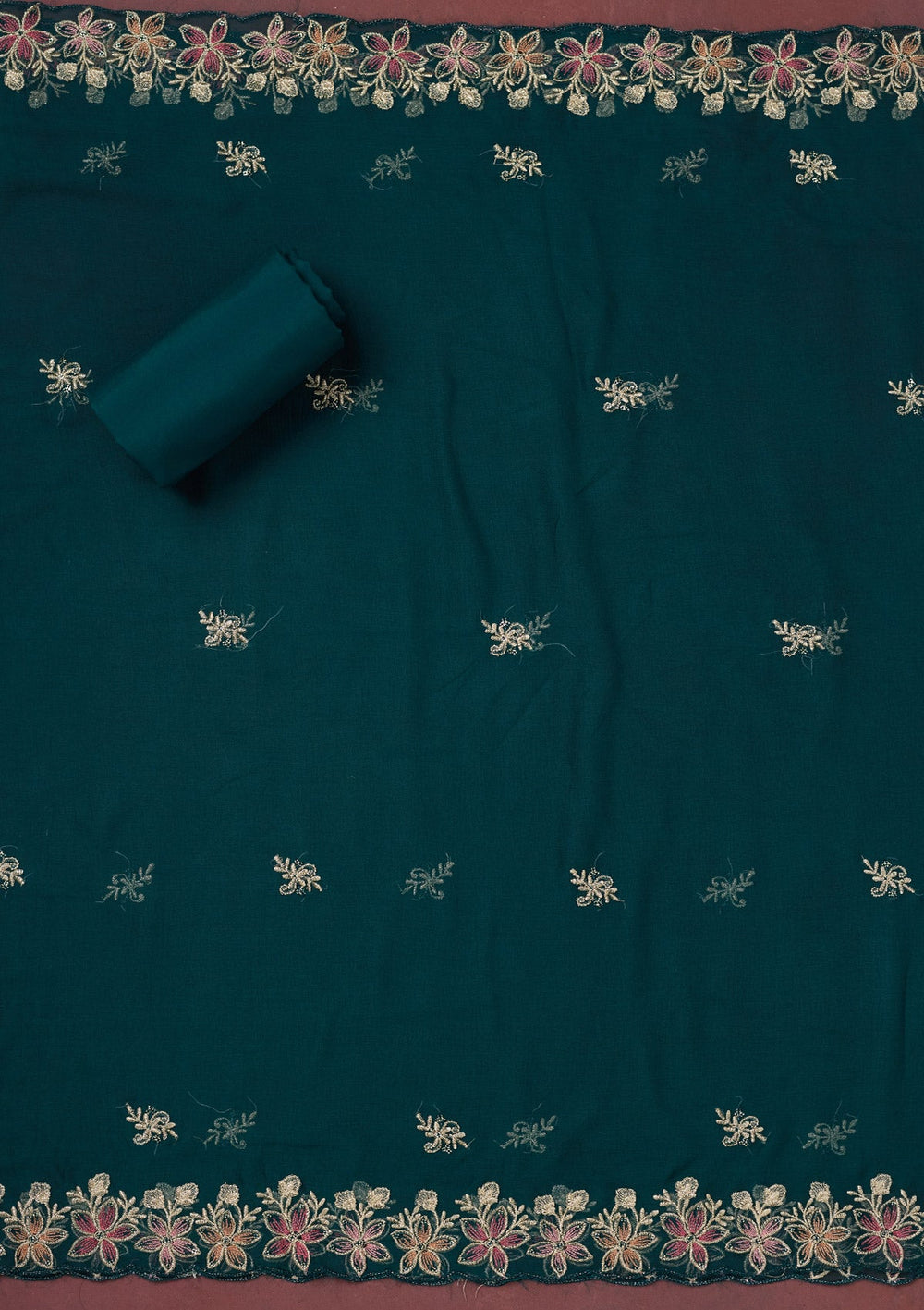 Peacock Blue Threadwork Semi Crepe Unstitched Salwar Suit-Koskii