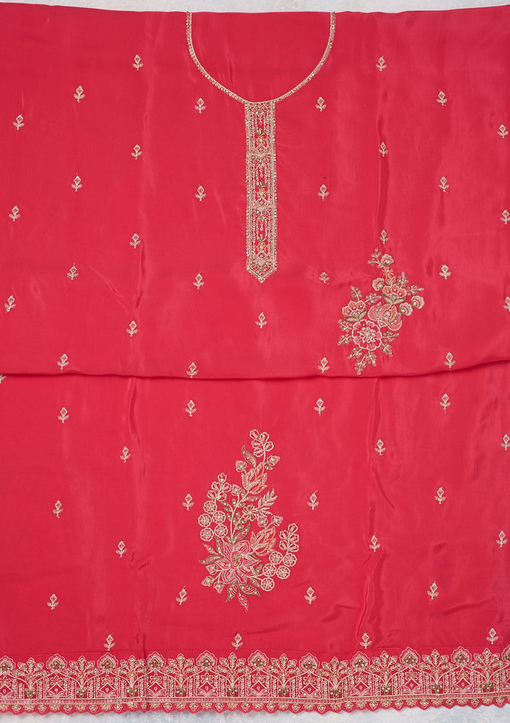 Rani Pink Threadwork Semi Crepe Unstitched Salwar Suit-Koskii