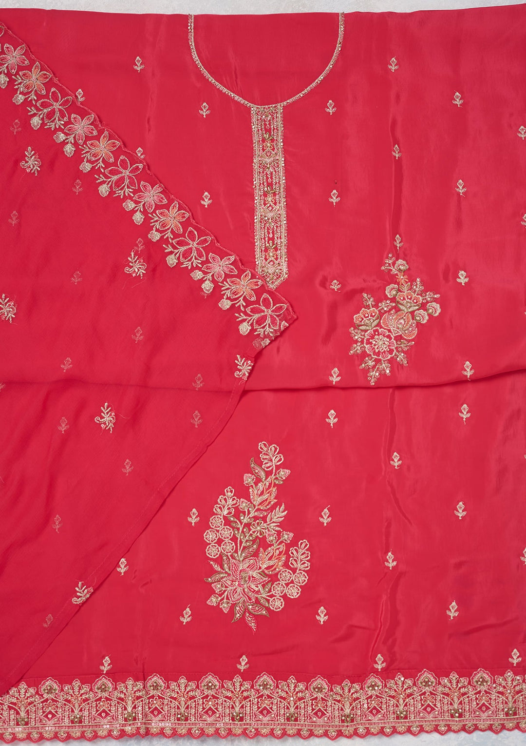 Rani Pink Threadwork Semi Crepe Unstitched Salwar Suit-Koskii