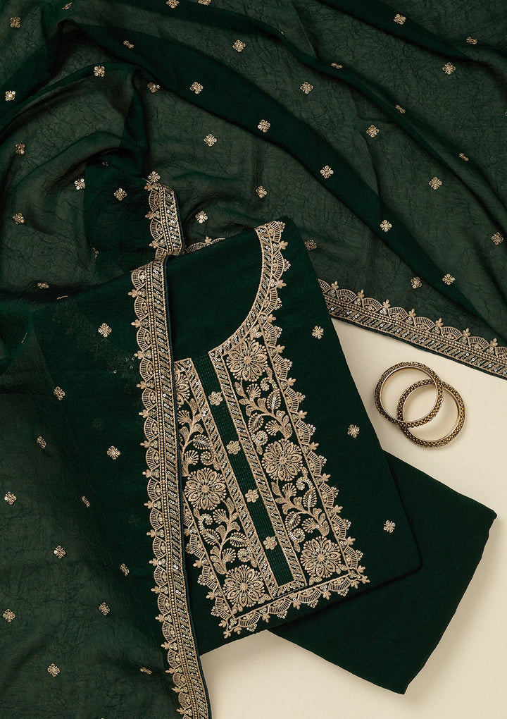 Bottle Green Threadwork Georgette Unstitched Salwar Suit_koskii