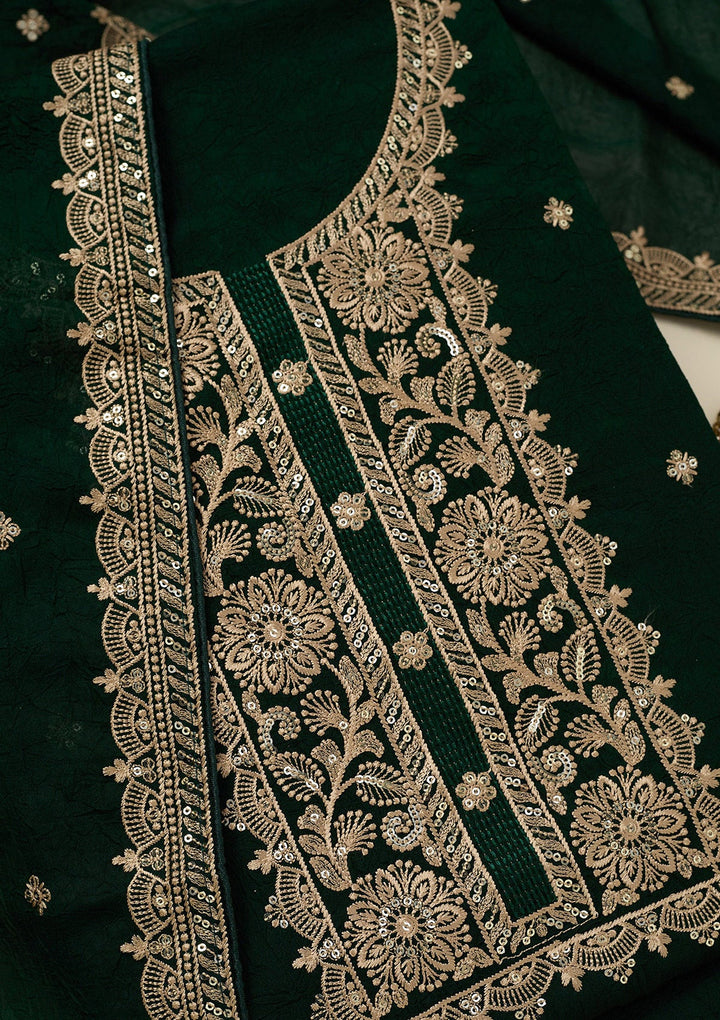 Bottle Green Threadwork Georgette Unstitched Salwar Suit_koskii