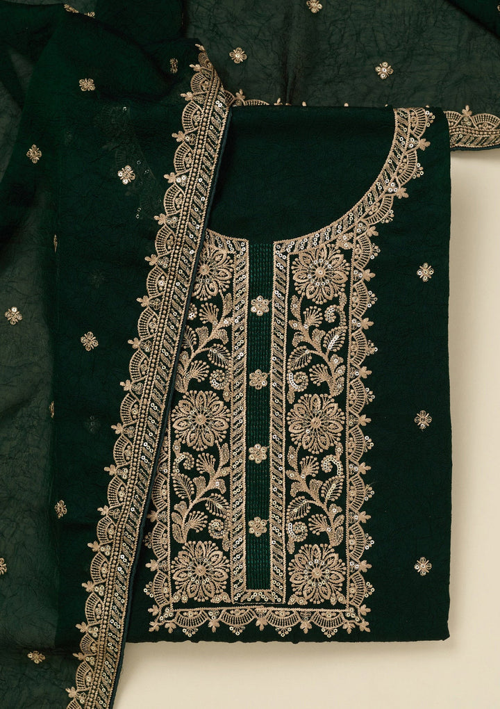 Bottle Green Threadwork Georgette Unstitched Salwar Suit_koskii