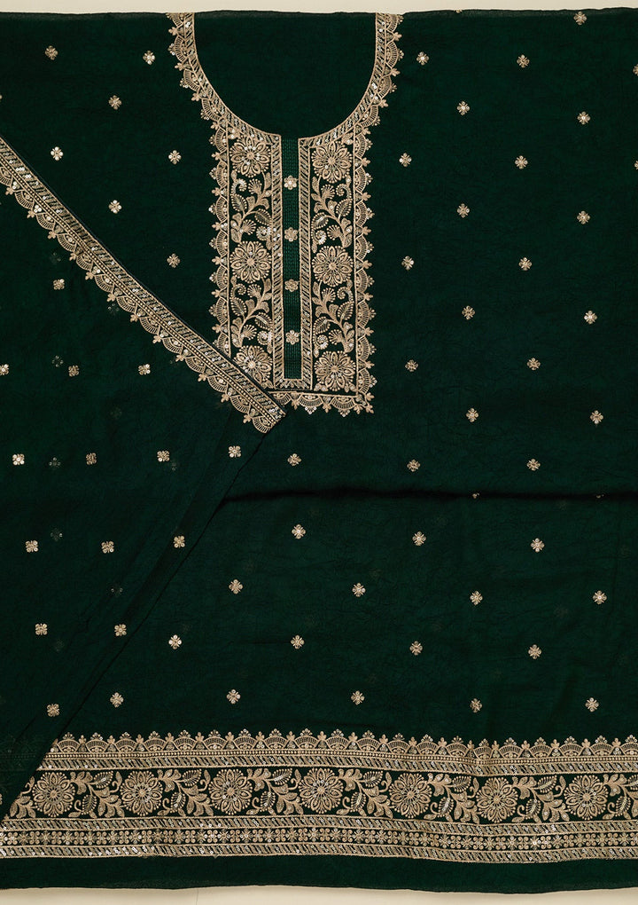 Bottle Green Threadwork Georgette Unstitched Salwar Suit_koskii