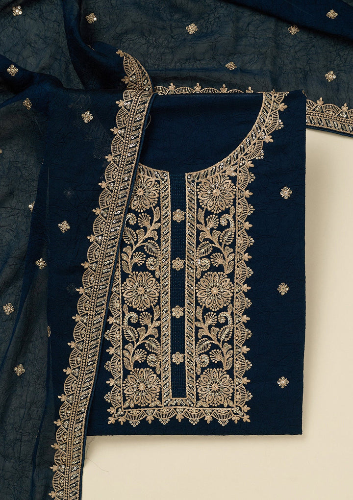 Navy Blue Threadwork Georgette Unstitched Salwar Suit_koskii