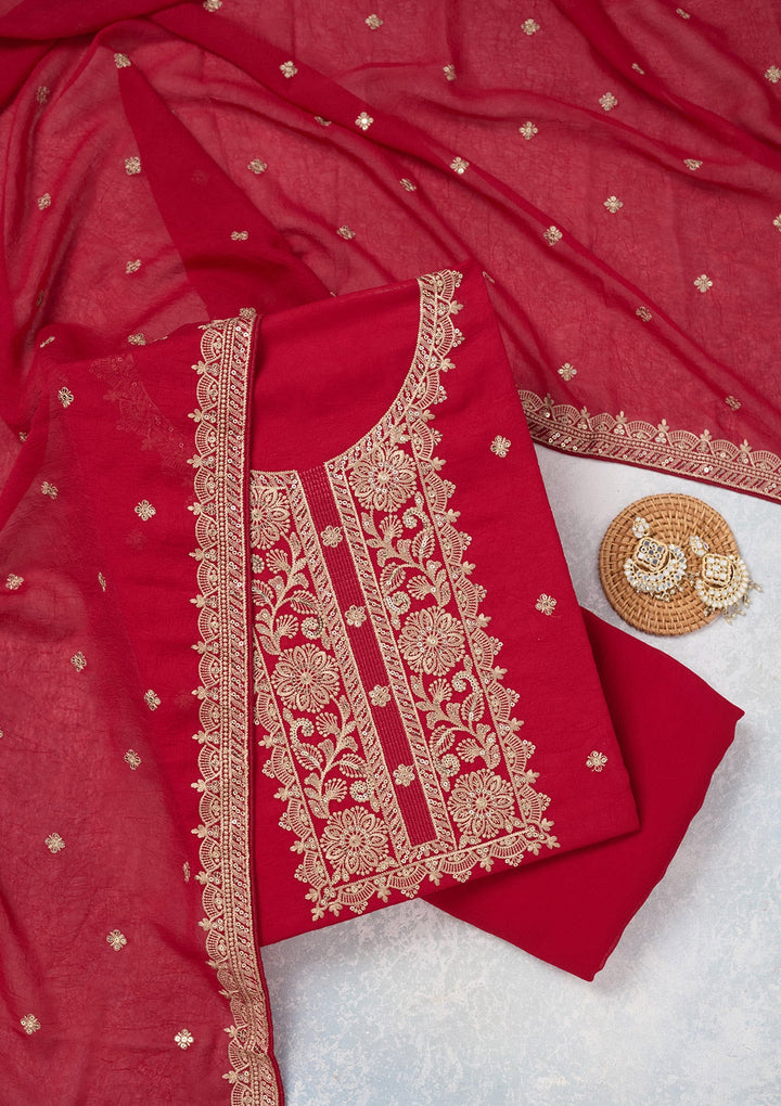 Rani Pink Threadwork Georgette Unstitched Salwar Suit-Koskii