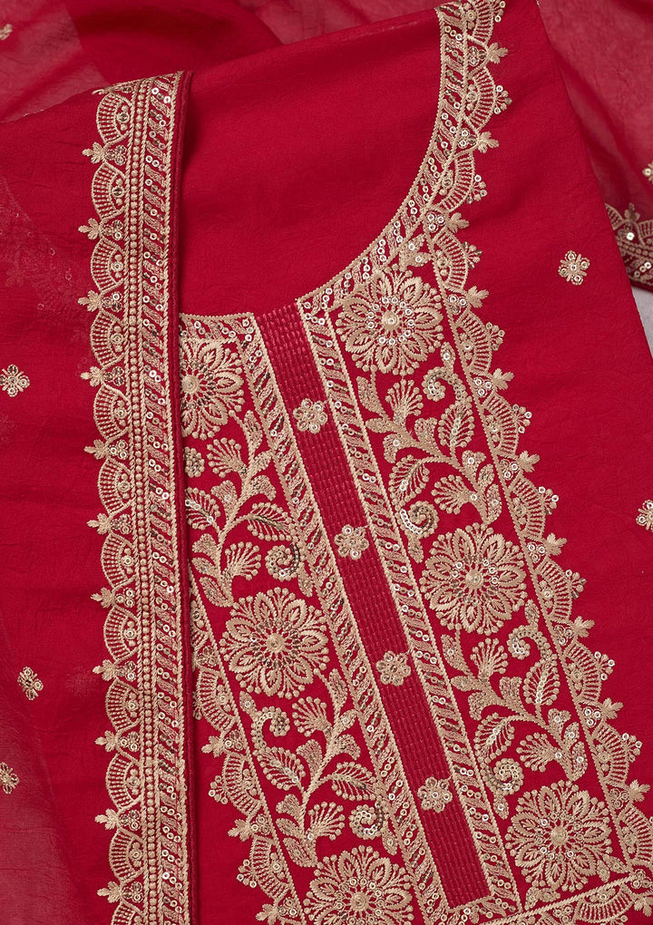 Rani Pink Threadwork Georgette Unstitched Salwar Suit-Koskii