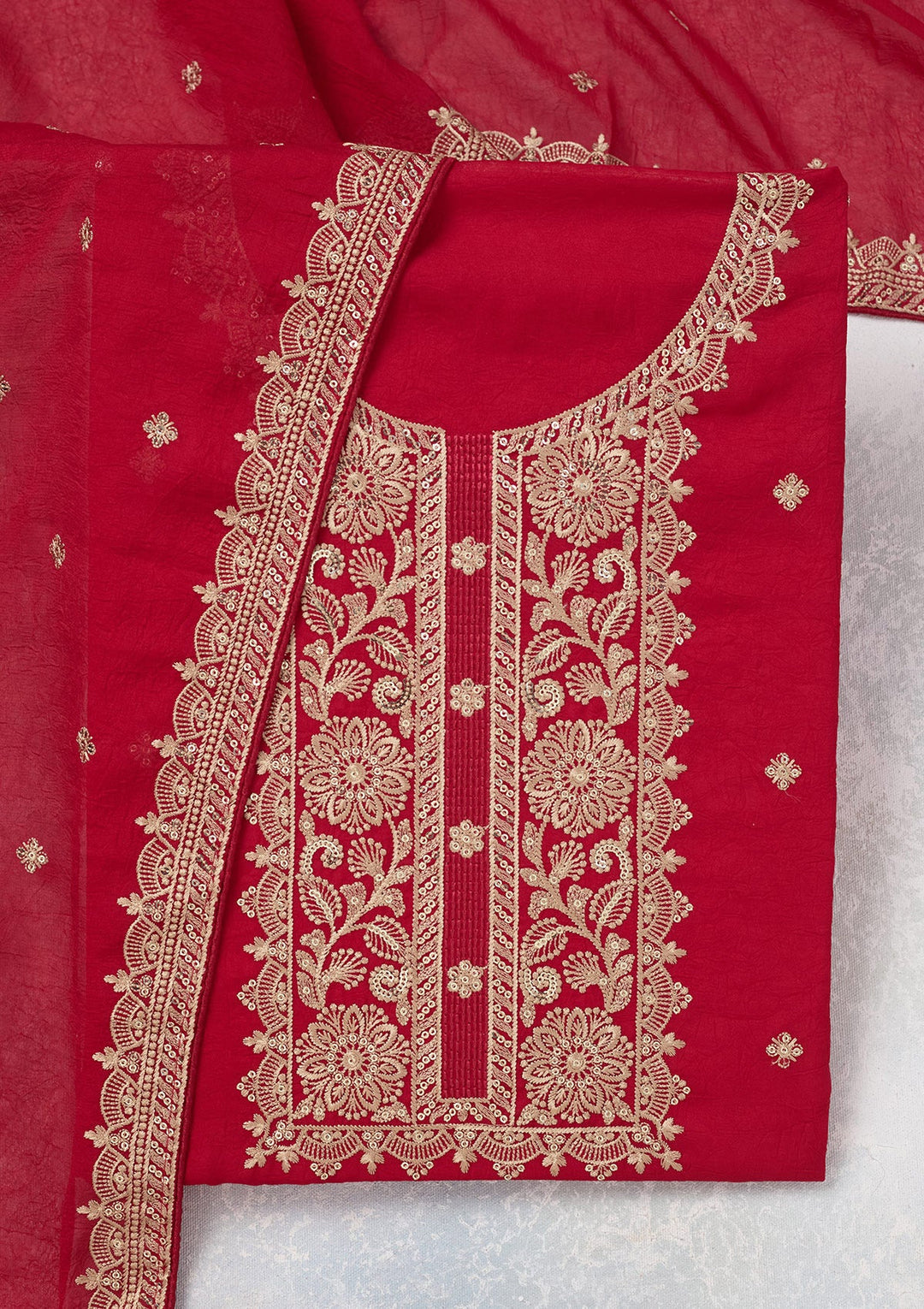 Rani Pink Threadwork Georgette Unstitched Salwar Suit-Koskii