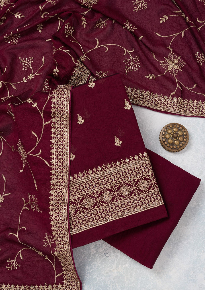Wine Threadwork Georgette Unstitched Salwar Suit-Koskii