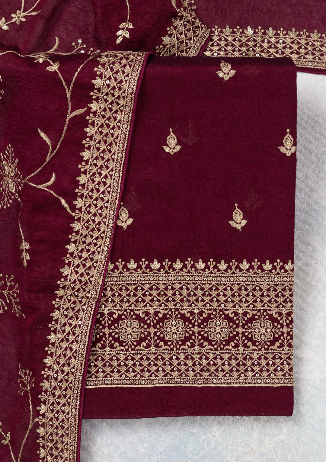 Wine Threadwork Georgette Unstitched Salwar Suit-Koskii