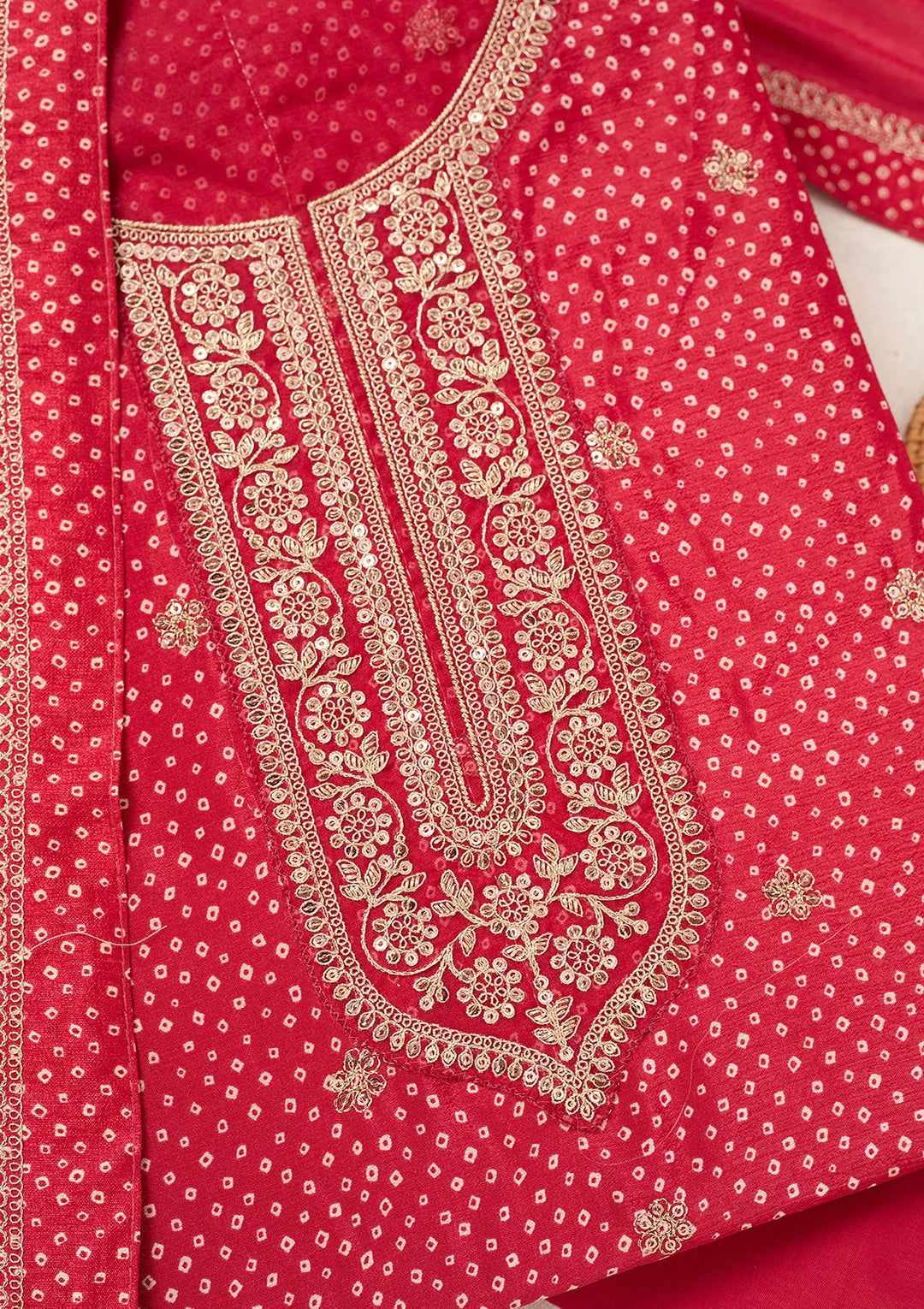 Red Zariwork (Gold) Chinon Unstitched Salwar Suit-Koskii