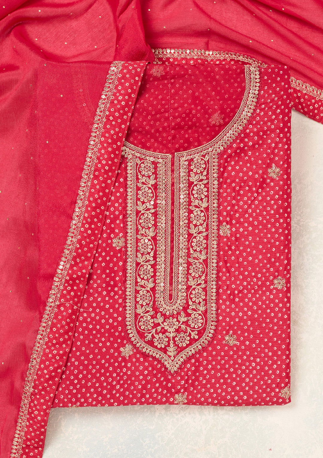 Red Zariwork (Gold) Chinon Unstitched Salwar Suit-Koskii