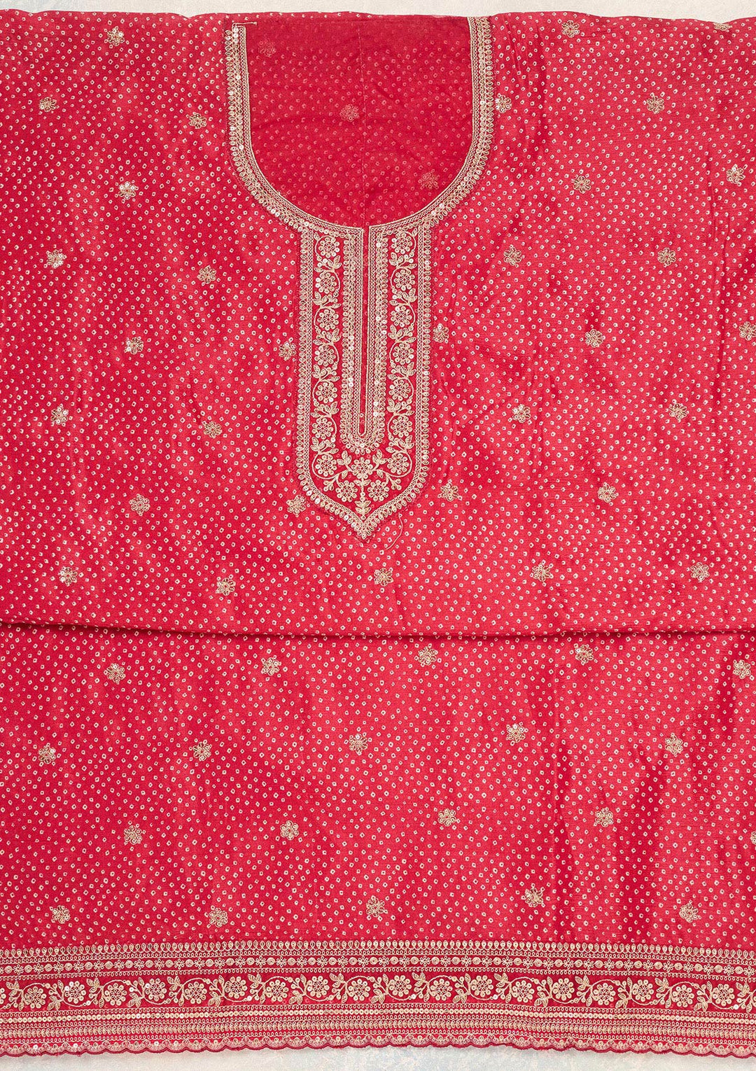 Red Zariwork (Gold) Chinon Unstitched Salwar Suit-Koskii