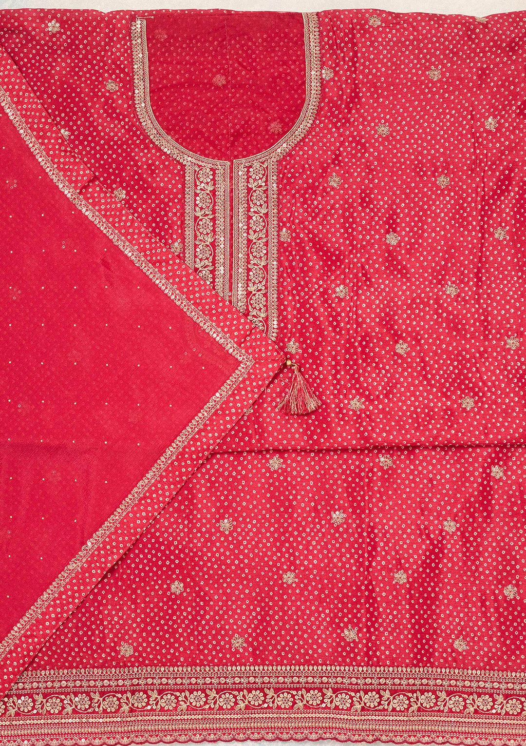 Red Zariwork (Gold) Chinon Unstitched Salwar Suit-Koskii