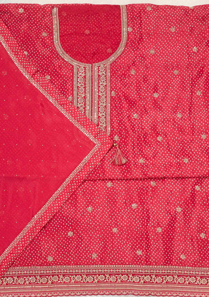 Red Zariwork (Gold) Chinon Unstitched Salwar Suit-Koskii