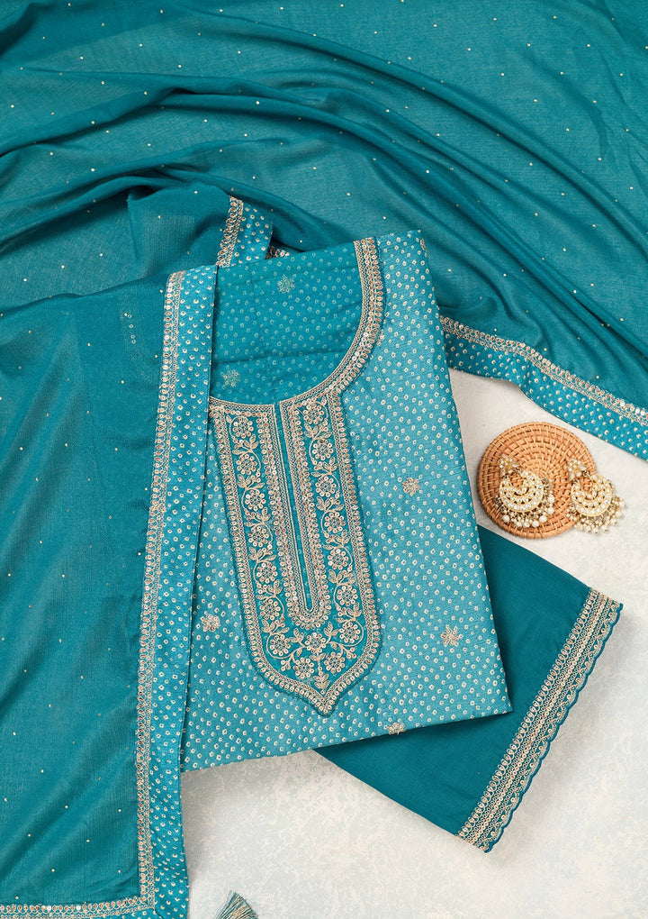 Turquoise Blue Zariwork (Gold) Chinon Unstitched Salwar Suit-Koskii