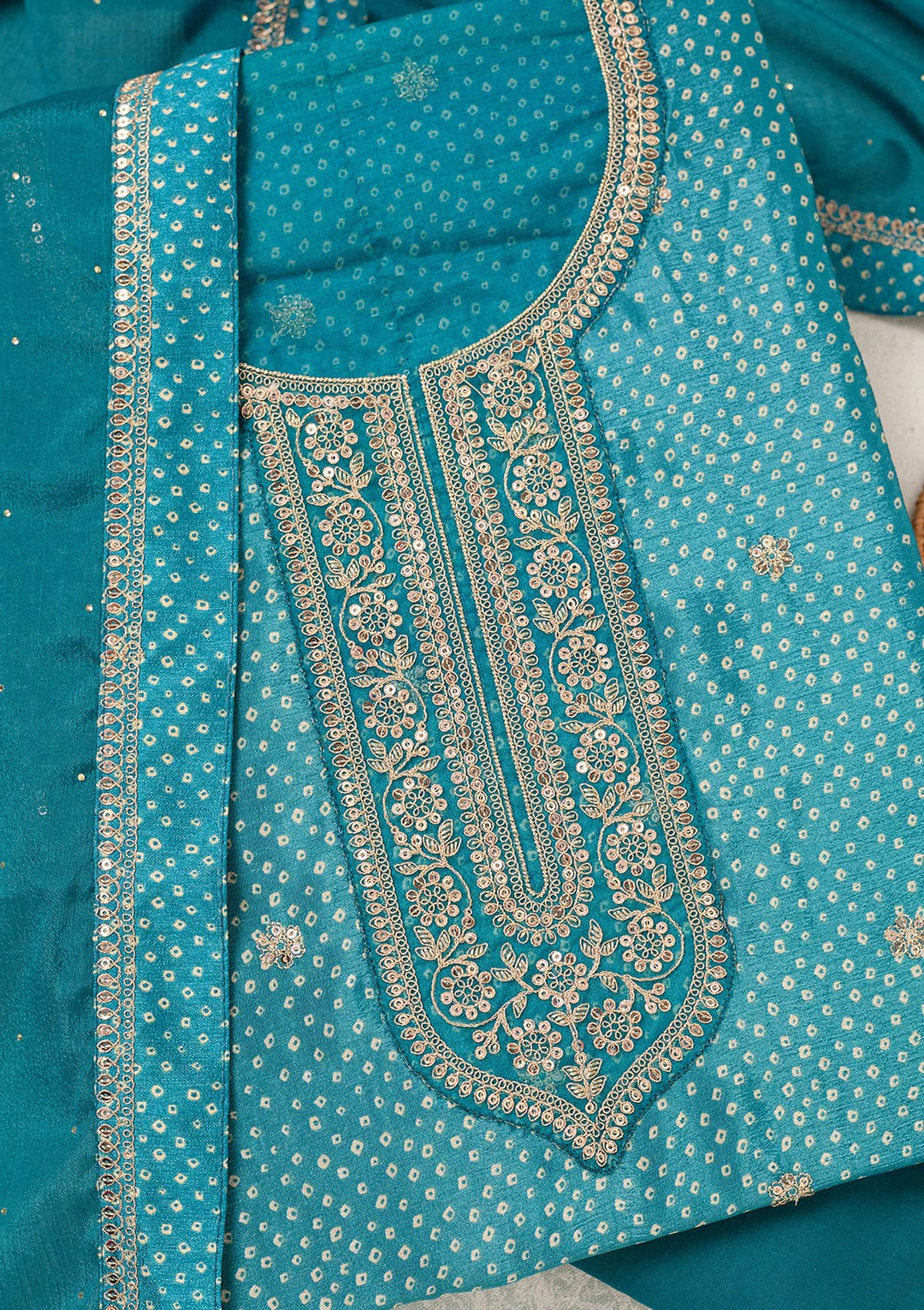 Turquoise Blue Zariwork (Gold) Chinon Unstitched Salwar Suit-Koskii