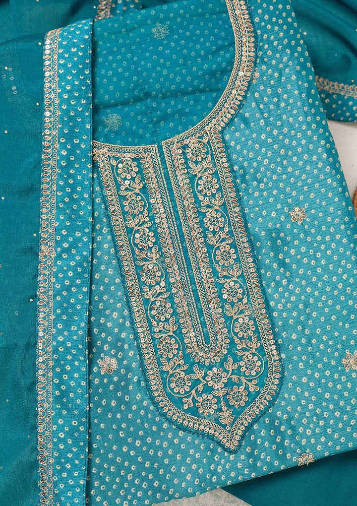Turquoise Blue Zariwork (Gold) Chinon Unstitched Salwar Suit-Koskii